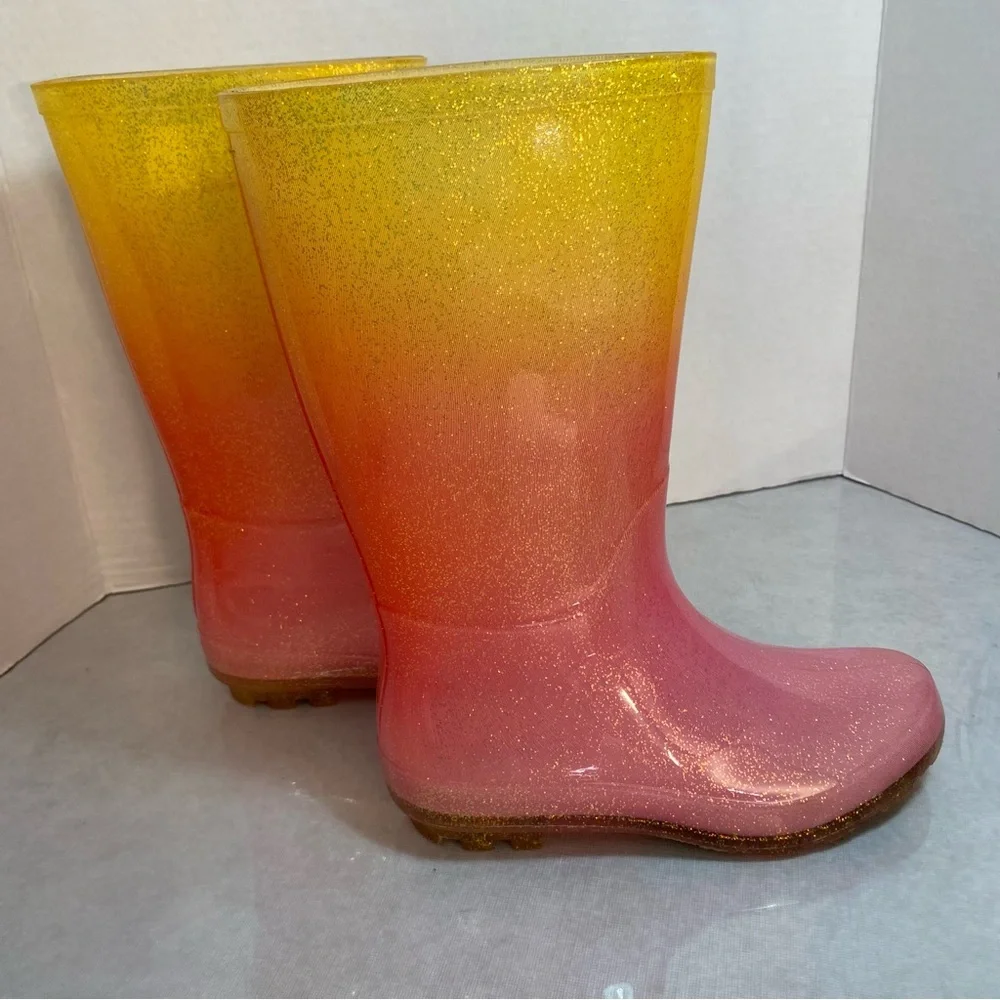 Cat & Jack Glitter Ombre Rain Boots Pink Yellow Size 2 Girls